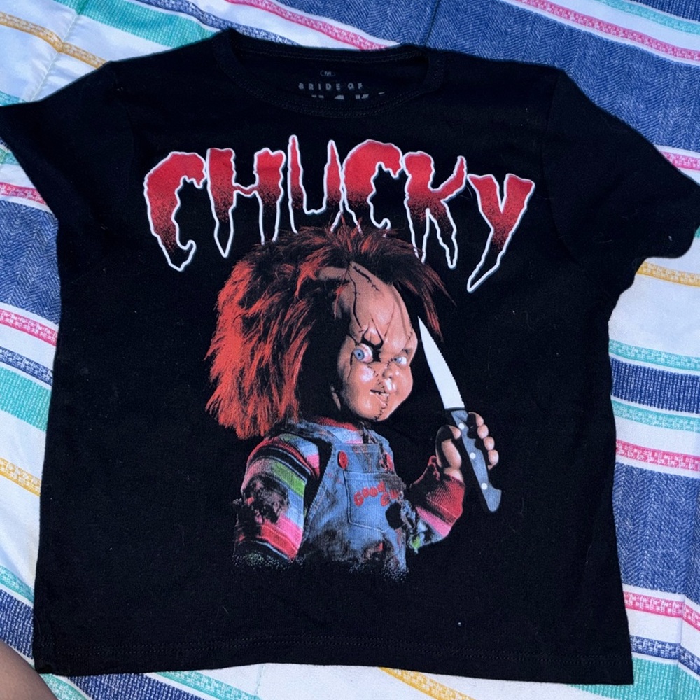 Crop top with Chucky on it